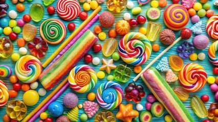 Poster - A vibrant array of colorful candies and lollipops on a blue wooden background, capturing the essence of sweet indulgence.