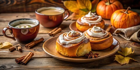 Poster - Autumnal Sweet Treat Warm Cinnamon Rolls, Creamy Frosting, and Spiced Coffee Served on Rustic Wooden Table with Fall Foliage