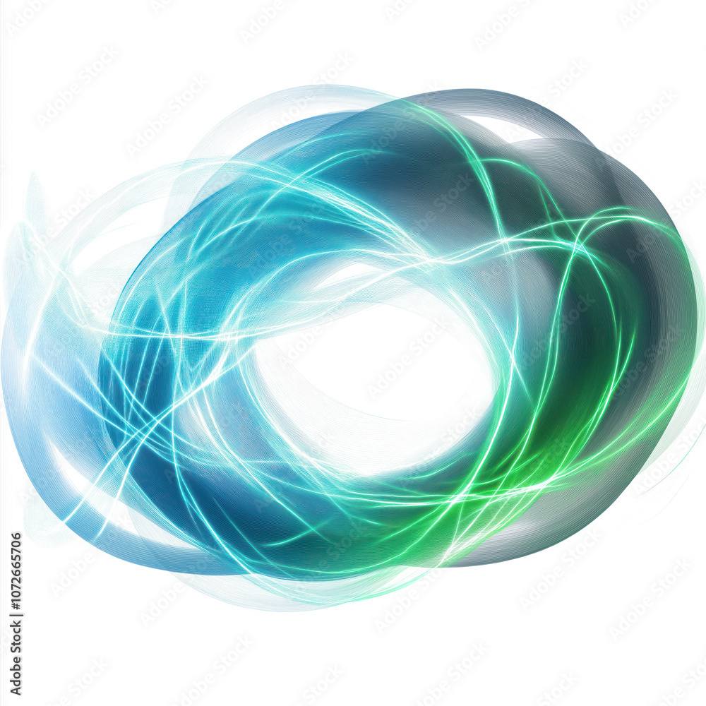 Glowing blue and green light curves on transparent background. Abstract ...
