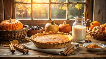 Poster - Warm Autumnal Ambiance with a Homemade Pumpkin Pie and Milk, Enhanced with Cinnamon Sticks, Star Anise, and a Touch of Ground Spice