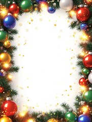 Poster - Christmas tree branch with colorful ornaments, sparkling lights and golden confetti. Festive, winter holidays, greeting card design, festive backdrop for your winter celebration.