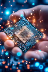 Poster - A person holds a glowing microchip amid a colorful, bright circuit design in a tech environment