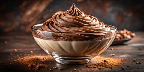 Poster - A decadent chocolate mousse dessert with swirls of rich chocolate cream in a glass bowl, surrounded by a dusting of cocoa powder, perfect for a sweet treat