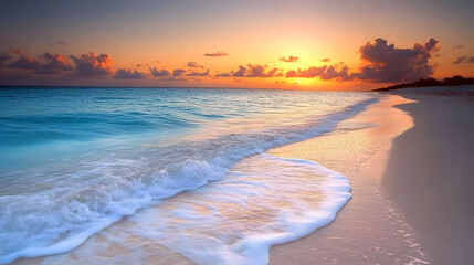 Wall Mural - A quiet beach with soft waves lapping at the shore during sunset.