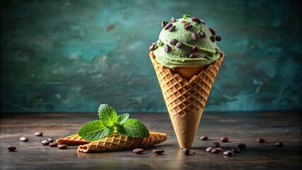 Poster - A Refreshing Green Ice Cream Cone Decorated with Chocolate Chips and Mint Leaves on a Wooden Table