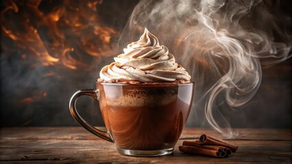 Aufkleber - A steaming cup of hot chocolate with whipped cream and cinnamon sticks, a warm and comforting beverage