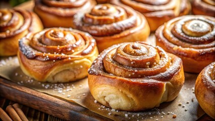 Poster - A Close Up of Freshly Baked Cinnamon Rolls with a Sprinkle of Powdered Sugar on Top and Cinnamon Sticks Beside