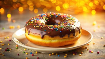 Poster - A Single Chocolate Glazed Donut with Sprinkles,  Sitting on a Plate Against a Bokeh Background