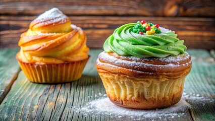 Poster - A Festive Treat A Swirl of Green Frosting Decorated With Colorful Sprinkles, Powdered Sugar, and a Tangled Pastry, Beside a Golden-Brown Bun, on a Rustic Wooden Surface
