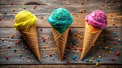 Poster - Three scoops of colorful ice cream in waffle cones, a delicious summer treat on rustic wooden background