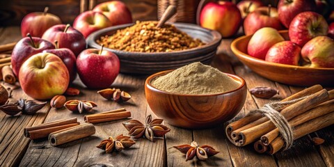 Poster - A bowl of ground cinnamon sits on a wooden table, surrounded by fresh apples, star anise, and cinnamon sticks, ready for baking.