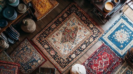 Top view of various Persian rugs in a traditional setting