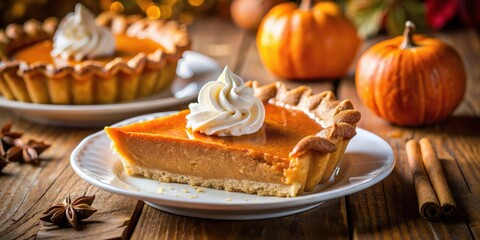 Aufkleber - A slice of pumpkin pie topped with whipped cream on a white plate,  next to a whole pumpkin pie and two pumpkins on a wooden table with cinnamon sticks and star anise scattered around.