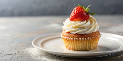 Poster - A single cupcake with vanilla frosting topped with a fresh strawberry, resting on a pristine white plate