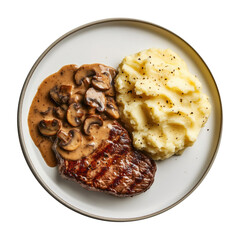 Wall Mural - Plate of Delicious Steak with Mushroom Sauce Isolated on a Transparent Background