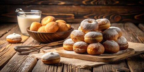 Poster - A pyramid of freshly powdered donuts on a wooden board with a bowl of milk and extra donuts in the background.