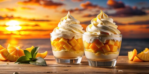 Aufkleber - Creamy Whipped Topping and Diced Mango Dessert Cups on Wooden Table with Sunset Background