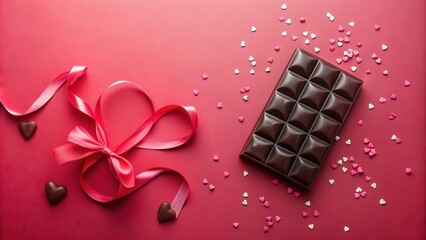 Poster - A chocolate bar resting on a red background with scattered pink and white heart sprinkles and a pink ribbon tied into a bow