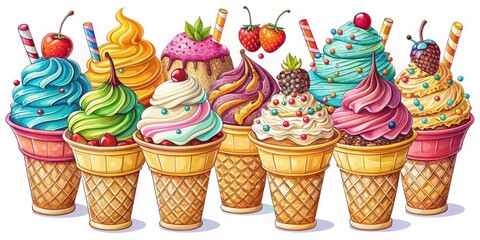 Poster - A colorful assortment of ice cream cones, each with its own unique toppings and flavors, creating a visual feast for the eyes.