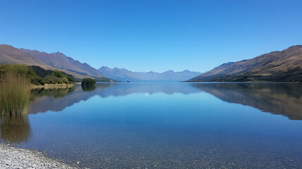 Wall Mural - A serene lake surrounded by mountains, reflecting the clear blue sky.