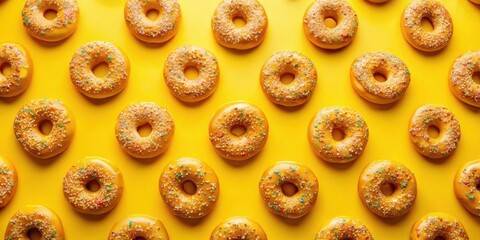 Poster - A vibrant yellow background with a repeating pattern of yellow donuts covered in colorful sprinkles