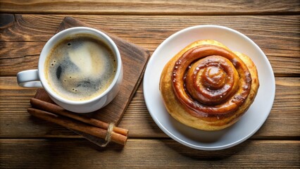 Poster - A cup of coffee and a cinnamon roll on a wooden table, a simple yet satisfying breakfast