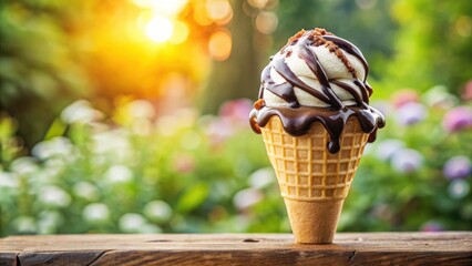 Poster - Creamy Vanilla Ice Cream Cone Drizzled with Rich Chocolate Sauce on a Wooden Table with a Blurred Garden Background