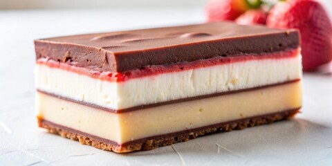 Poster - A multi-layered dessert with a chocolate topping, vanilla, and a layer of berry filling on a white surface