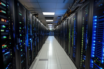 Poster - Rows of servers line the corridor of a data center, glowing with vibrant lights during a busy evening operation