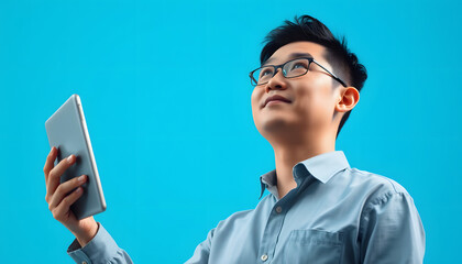 Full length portrait of Asian man using tablet computer looking up to copy space over blue background isolated with white highlights, png