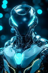 Poster - A sleek humanoid robot with glowing features stands amid vibrant blue lights in a dark setting
