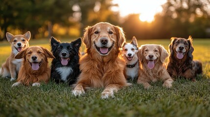 a group of dogs are laying on the grass and smiling. the dogs are of different sizes and colors, inc