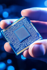 Poster - A hand carefully holds a microchip, showcasing intricate details in a blue-lit technology setting