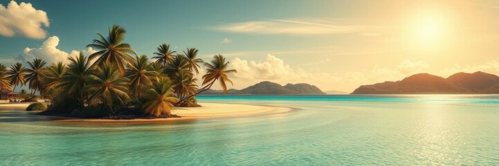 Wall Mural - tropical beach panorama with coconut palm trees, sand, and clear blue water under a sunny sky, sand,