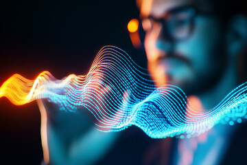 Poster - A person engages with lively sound wave graphics, showcasing tech and creativity in a dark setting