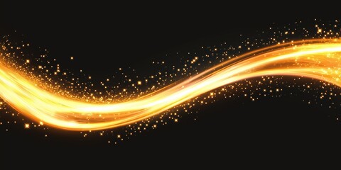 Aufkleber - Golden light wave on black background. Abstract glowing line. Shining dust particles, star sparkles. Design element for decoration, futuristic tech, luxury branding.