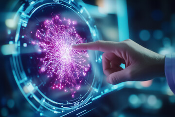 Poster - A hand reaches out to manipulate vibrant data visuals on a sophisticated electronic interface