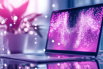 Poster - The vibrant laptop screen glows with colorful graphics, reflecting a creative workspace filled with greenery