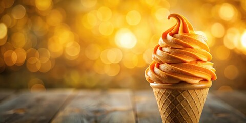 Poster - A golden soft-serve ice cream cone sits on a wooden table with a warm, blurred background of golden bokeh
