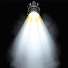 Poster - Spotlight on dark background. Bright beams of shine from stage projector, creating dramatic effect. Perfect for design, entertainment, creative projects. Illustration to add touch of excitement to