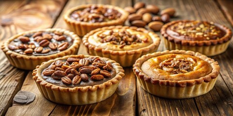 Poster - A close-up of small, golden-brown tarts topped with nuts, resting on a rustic wooden surface