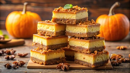 Poster - A stack of pumpkin cheesecake bars with caramel and pecans on a wooden surface, accented with star anise and pumpkins