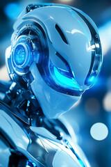 Poster - The robot stands prominently, illuminated with blue lights, highlighting its advanced features and sleek design