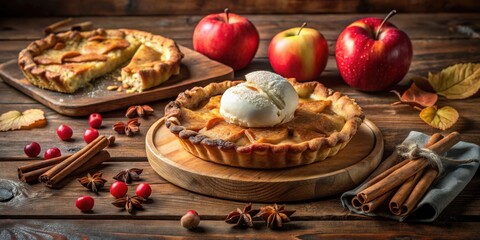 Poster - Apple pie with a scoop of ice cream, surrounded by cinnamon sticks, star anise, and red berries, on a rustic wooden table