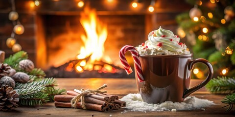 Poster - A mug of hot cocoa topped with whipped cream and candy cane resting on a wooden table beside a cozy fireplace and evergreen branches with cinnamon sticks
