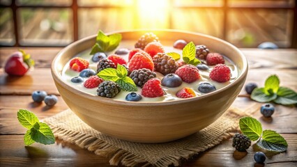 Poster - A bowl of creamy yogurt topped with fresh raspberries, blackberries, and blueberries, illuminated by warm sunlight, creating a vibrant and inviting breakfast or dessert