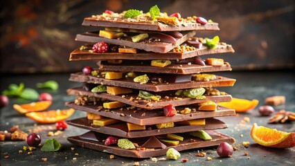 Poster - A decadent stack of chocolate bark, adorned with vibrant dried fruit, crunchy nuts, and refreshing mint leaves, creating a symphony of flavors and textures.