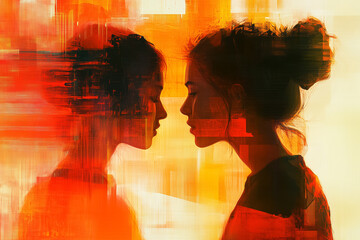 Poster - Two women silhouettes face each other, surrounded by a warm, abstract orange backdrop, evoking deep emotion