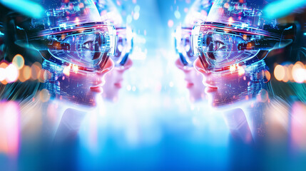Poster - Two women wearing advanced glasses explore a vibrant digital landscape illuminated by colorful lights