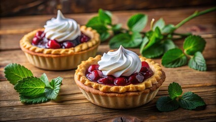 Poster - Two Mini Cherry Pies Topped with Whipped Cream and Mint Leaves on a Wooden Table